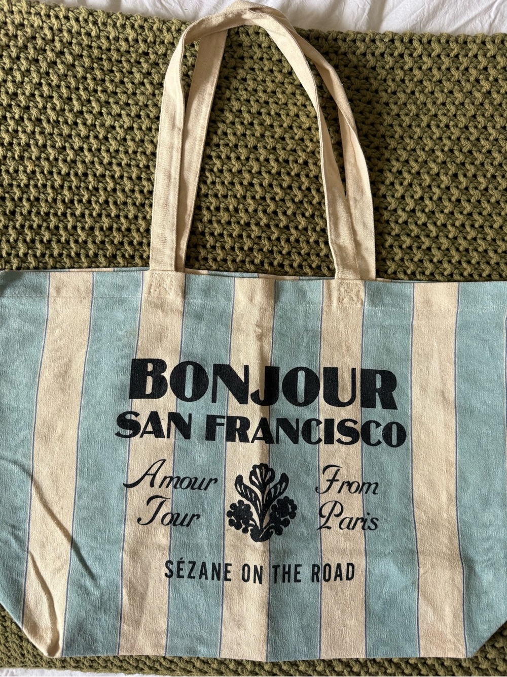 Sezane Light Blue and Cream Striped Bonjour San Francisco Canvas Tote